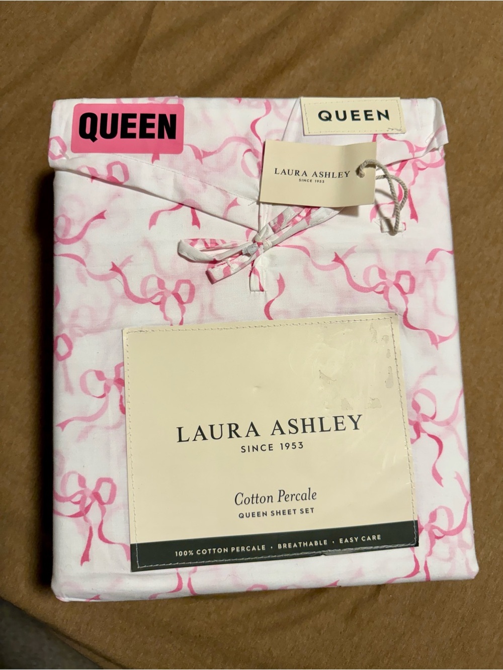 Laura Ashley Trailing Bows Cotton Percale Queen Sheet Set nwt